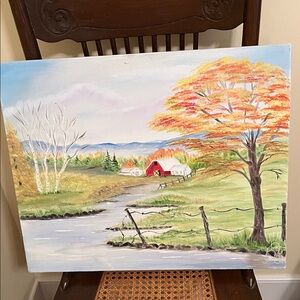 Serene Autumn Landscape Canvas with Red Barn